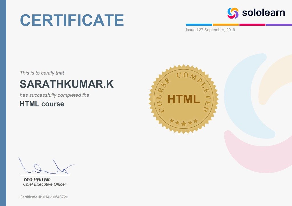 HTML Course Completion Certificate